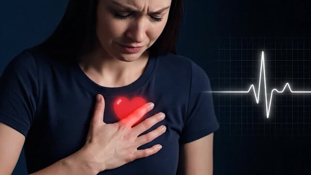Woman clutching chest with heart waveform
