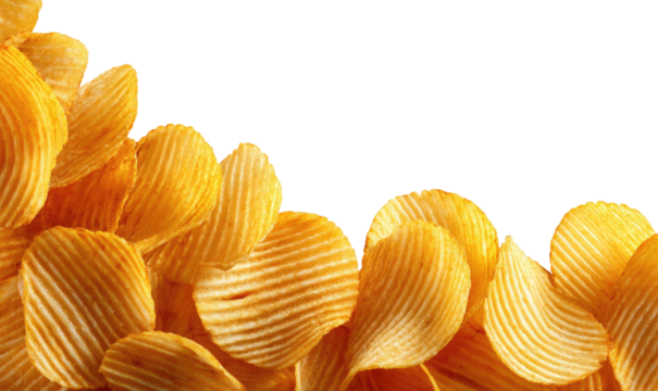 Crunchy rippled potato chips clustered against a stark black background
