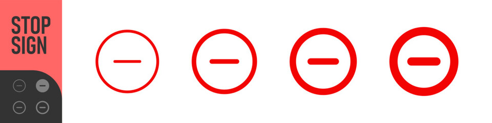 Minus remove icon set , stop sign. horizontal line, dash inside a circle in outline and solid for delete actions, reduce functions, deletion, quantity adjustment, and subtraction interface controls
