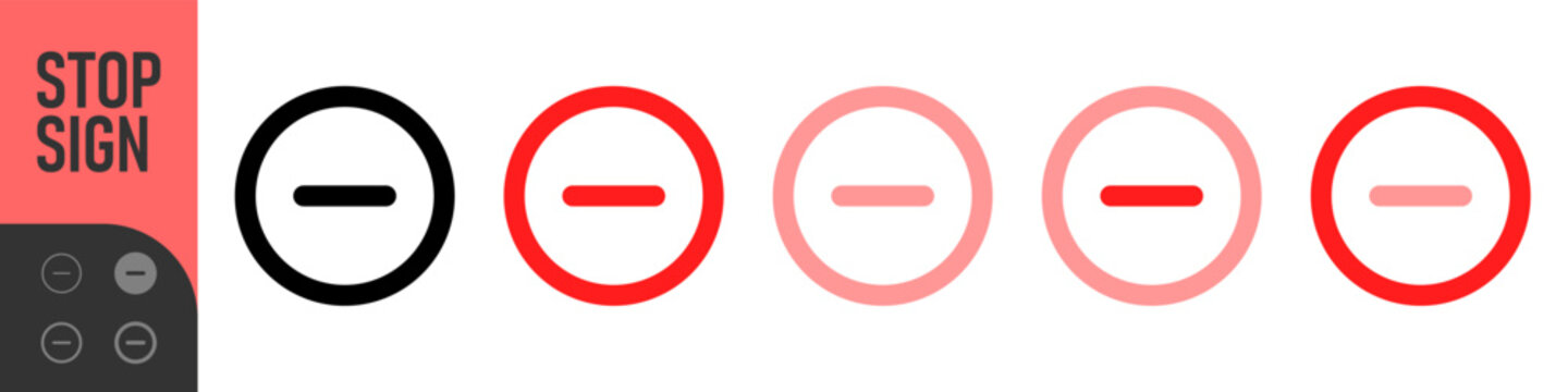 Minus remove icon set , stop sign. horizontal line, dash inside a circle in outline and solid for delete actions, reduce functions, deletion, quantity adjustment, and subtraction interface controls