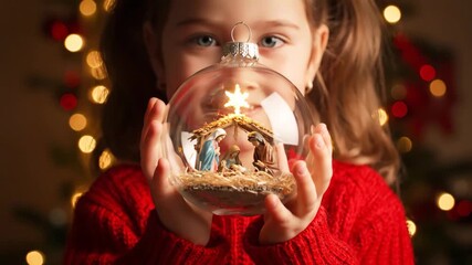 young caucasian girl holding nativity globe, red sweater and warm golden lights, blurred christmas tree bokeh in background, delicate fingers inspecting miniature nativity scene with glowing star. - Powered by Adobe