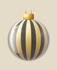 Stripe black glass ornament vector bauble for stylish Christmas and New Year decor. Golden Transparent glass sphere vector illustration for festive xmas 3D graphic