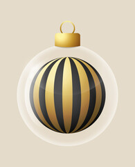 Stripe black glass ornament vector bauble for stylish Christmas and New Year decor. Golden Transparent glass sphere vector illustration for festive xmas 3D graphic