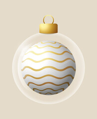 Wave white glass ornament vector bauble for stylish Silver Christmas and New Year decor. Transparent glass sphere vector illustration for festive xmas 3D graphic