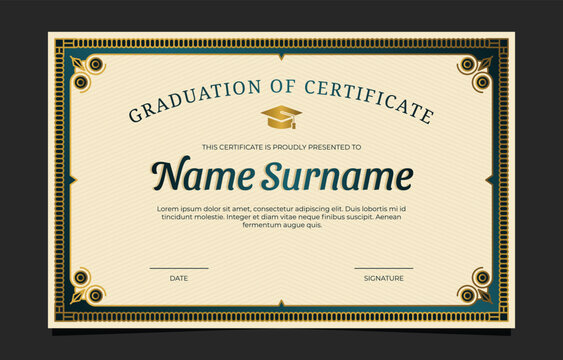 Elegant graduation certificate template with decorative border perfect for academic achievements and
