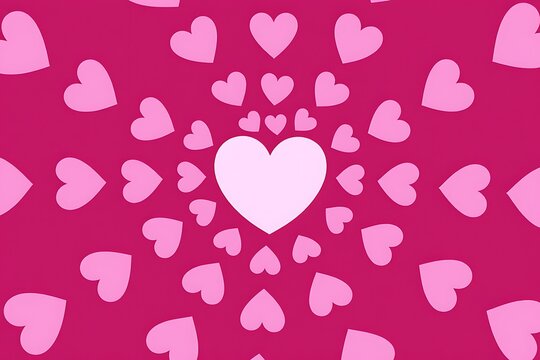 Pink hearts arranged in a radial pattern on a pink background for a romantic effect