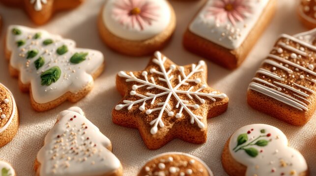 Festive gingerbread cookies arranged creatively with seasonal decorations and vibrant details