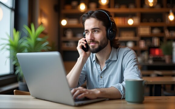 Portrait of freelancer having conference call on laptop in working friendly coffee shop. High quality