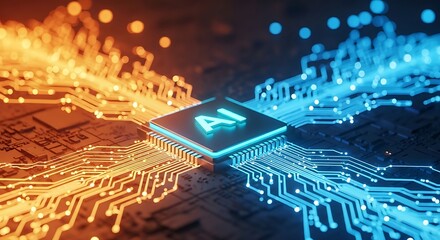 A futuristic depiction of ai, showcasing a central processor with orange and blue circuits, symbolizing the convergence of data and processing power