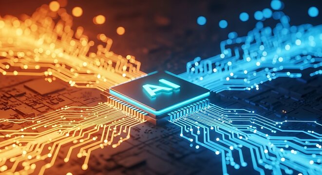 A futuristic depiction of ai, showcasing a central processor with orange and blue circuits, symbolizing the convergence of data and processing power
