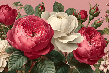 Seamless floral vector pattern highlighting lush pink garden roses arranged on a customizable backdrop, rendered in sophisticated vintage painting