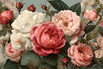 Looping vector pattern depicting romantic pink rose blossoms floating over a modifiable background, crafted in classic antique hand-painted botanical