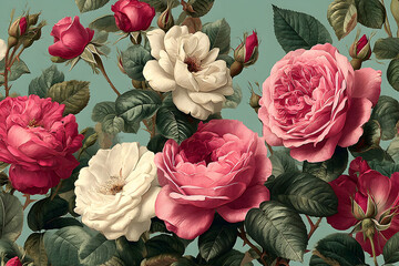 Repeating vector motif presenting lush pink roses arranged on an adjustable backdrop, created with traditional retro painting aesthetics and detailed floral illustration