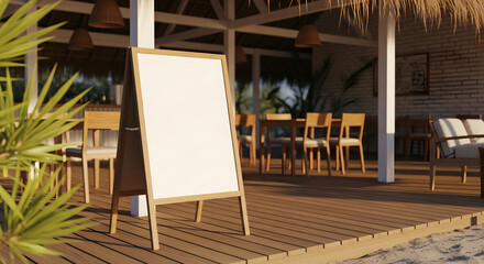 Blank Wooden A-Frame Sign Mockup on a Tropical Beach Restaurant Terrace