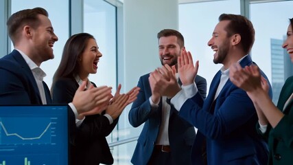 Diverse business team cheering and high fiving together in a modern office, celebrating successful project completion and positive data analysis results displayed on a monitor - Powered by Adobe