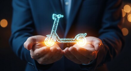 Businessman holding a glowing electric scooter hologram, symbolizing modern urban mobility and sustainable transport solutions.