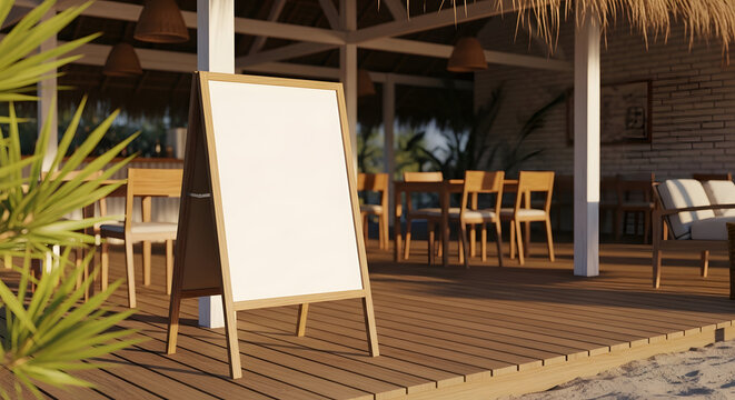 Blank Wooden A-Frame Sign Mockup on a Tropical Beach Restaurant Terrace