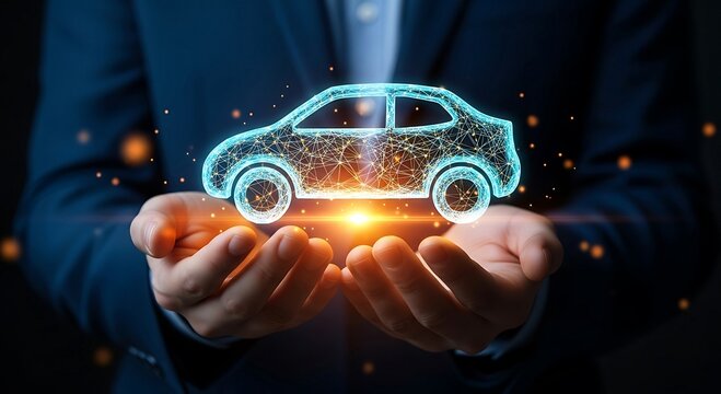 Businessman holding a glowing digital car in his hands, symbolizing car insurance, safety, and future automotive technology.