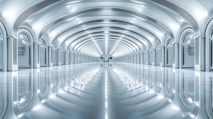 A spacious, reflective interior hallway with arched ceilings.