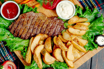 Grilled Flank Steak Platter with Potato Wedges, Lettuce, Ketchup, and Cream Sauce