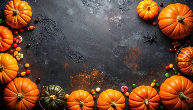 Vibrant autumn and Halloween flat lay with bright orange pumpkins and colorful treats framing a dark, textured background, perfect for seasonal designs and spooky themes - Powered by Adobe
