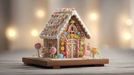 Festive gingerbread house decorated with colorful candies for holiday celebration