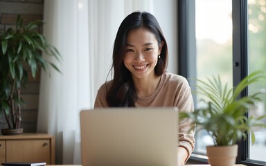 Smiling and feeling positive. happy young Asian woman freelancer working on computer at home. Attractive businesswoman studying online, using laptop software, web surfing information or shopping