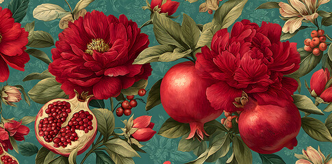 Seamless decorative vector design of pomegranates, bold red flowers, and assorted berries isolated on a modifiable background, crafted in refined vintage painting