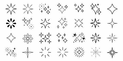 Collection of hand drawn sparkle and star icons in various shapes and styles on white