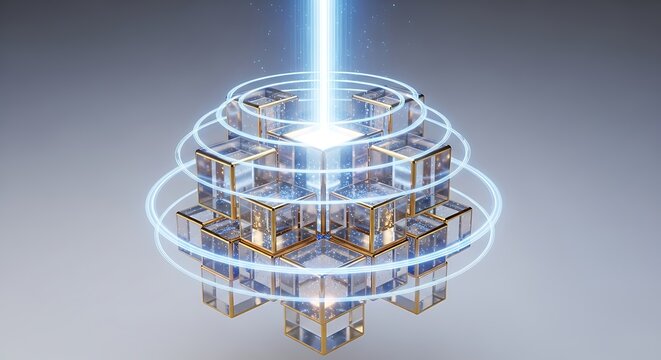 A futuristic quantum computer core with a beam of light shining down on it, surrounded by rings of energy, representing advanced technology