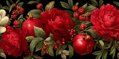 Seamless vector pattern featuring ripe pomegranates, vibrant red garden flowers, and assorted berries on a customizable background, rendered in elegant vintage painting