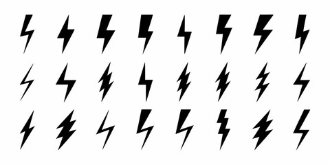 Collection of black lightning bolt icons in various styles on a white background
