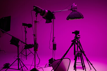 Modern LED studio lights and set for commercial video and photography use.