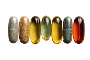 Row of capsules, textured fillings, clear coating, dark background
