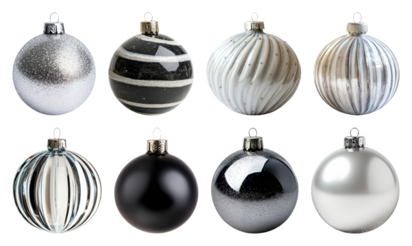 PNG Elegant monochrome Christmas ornaments, element set on transparent background