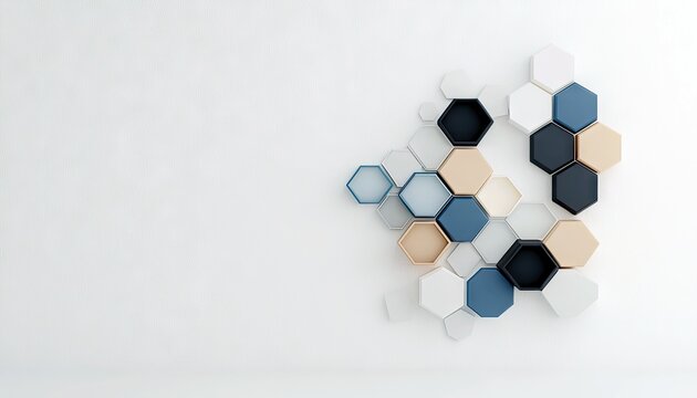 A cluster of hexagonal shapes in varying shades of blue, beige, white, and black are arranged on a plain white surface.