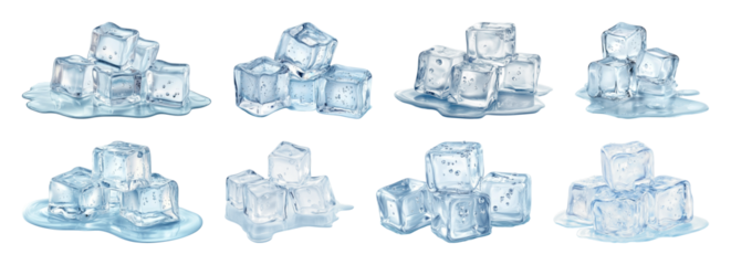 PNG Realistic melting ice cubes illustration, element set on transparent background