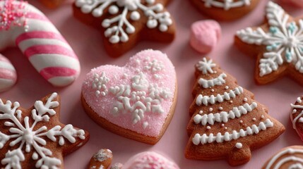 Fototapeta premium Gingerbread cookies beautifully decorated for the holiday season on a pink surface