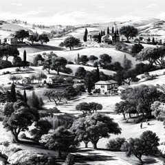 Looping vector pattern portraying the warm rural charm of Tuscan or Provencal landscapes, created in a nostalgic historic engraving illustration technique