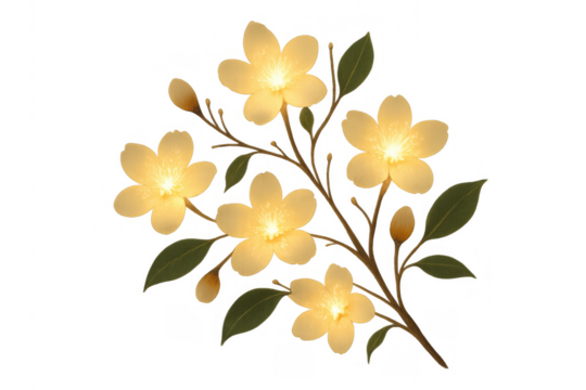 Glowing golden flowers on a decorative branch illuminating transparent background, spring blossom illustration