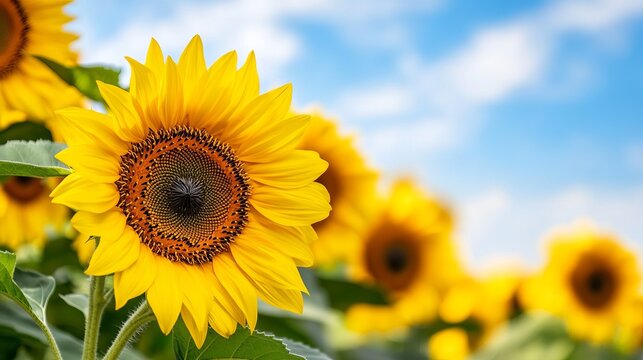 Bright yellow sunflowers are blooming in a field beneath a sunny blue sky with scattered clouds.