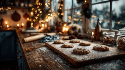 Warm cookies cooling on a wooden table in a cozy kitchen during a festive evening