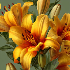 Seamless vector pattern of golden lily blossoms on an interchangeable backdrop, rendered in an elegant vintage painting style for decorative floral illustrations