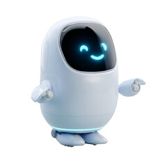 Friendly AI chatbot robot assistant presenting on transparent background