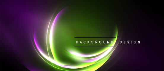 Abstract neon lines create swirling shapes. Vibrant green, purple hues dominate dark background. Text reads background design.