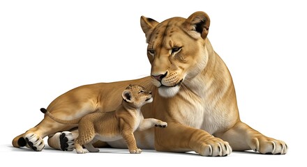 Obraz premium Affectionate Lioness and Her Adorable Cub Isolated on White Background.