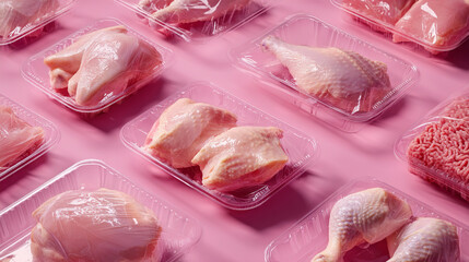 Assortment of raw chicken pieces and ground meat in plastic packaging on pink surface