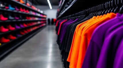 Clothing and footwear are displayed on racks in a retail environment, showcasing various colors and styles.