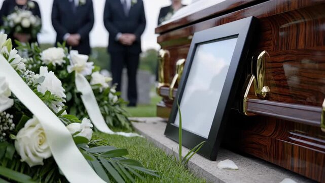 Empty black photo frame with green screen chroma key for remembrance, placed near a wooden coffin with gold handles at a funeral.