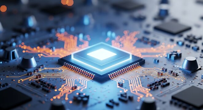 Closeup of a glowing cpu on a circuit board, symbolizing advanced technology, computing power, and the intricate workings of modern electronics